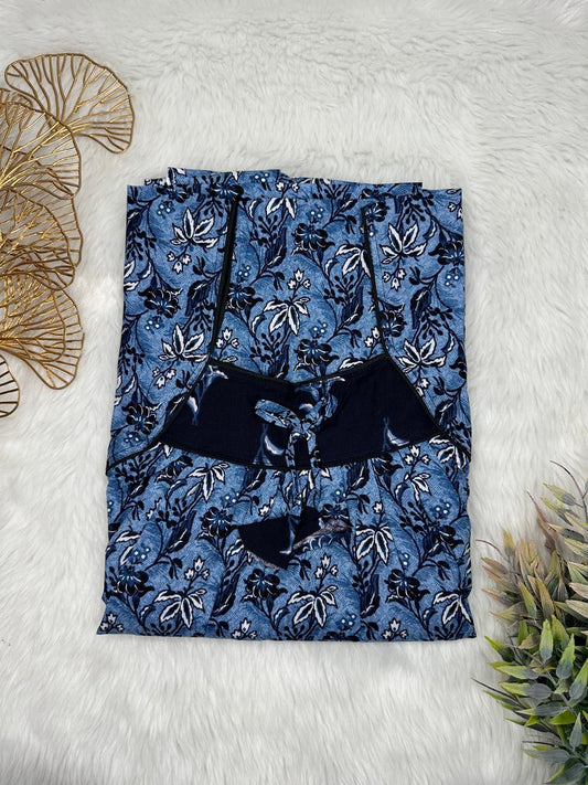 Blue Gray Printed Front and Cool Black Pleated Pure Cotton Nighty Free Size Short Sleeve (Suits for bra size 34″- 40″ | 54-56 inch length)