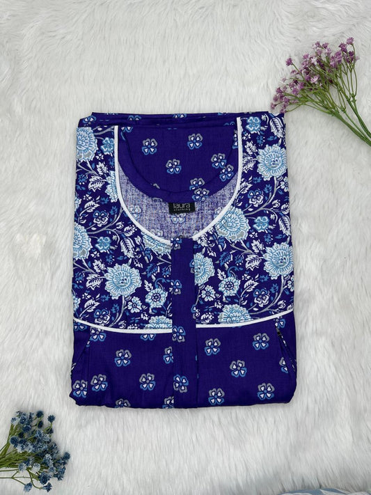 Midnight Blue and Dark Pastel Blue Printed Round Neck Pleated Pure Cotton Feeding Nighty With Two Side Vertical Zip and Single Centre Zip Free Size Short Sleeve (Suits for bra size 34″- 40″ | 54-56 inch length)