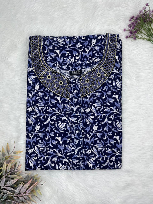 Oxford Blue Printed 8" Long Zip Matching Embroidery Neck Pure Cotton Feeding Nighty Plus Size Short Sleeve (Suits for bra size 40″- 46″ | 54"-56" inch length)