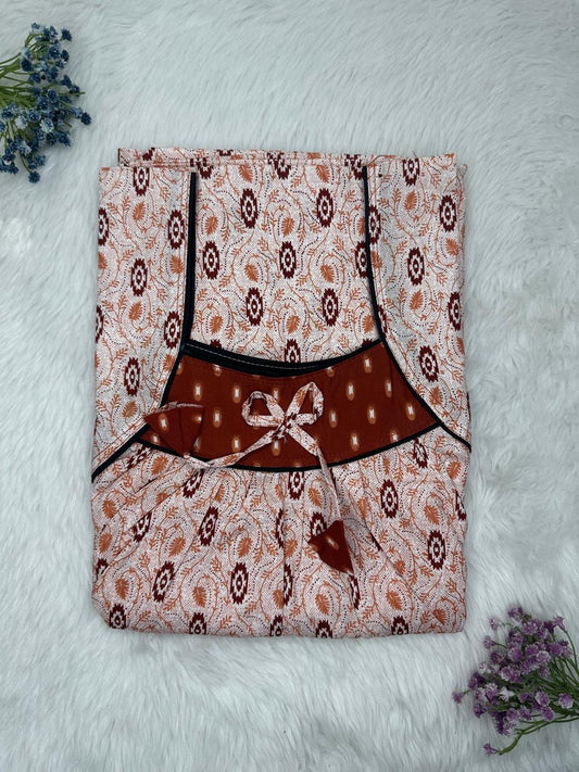 Pale Taupe Printed Front and Back Pleated Pure Cotton Nighty Free Size Short Sleeve (Suits for bra size 34″- 40″ | 54-56 inch length)