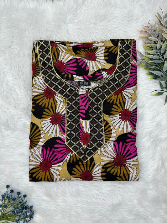 Brass Flower Printed Normal Zip Pure Cotton Matching Neck Embroidery Nighty Free Size Short Sleeve (Suits for bra size 34″- 40″ | 54-56 inch length)