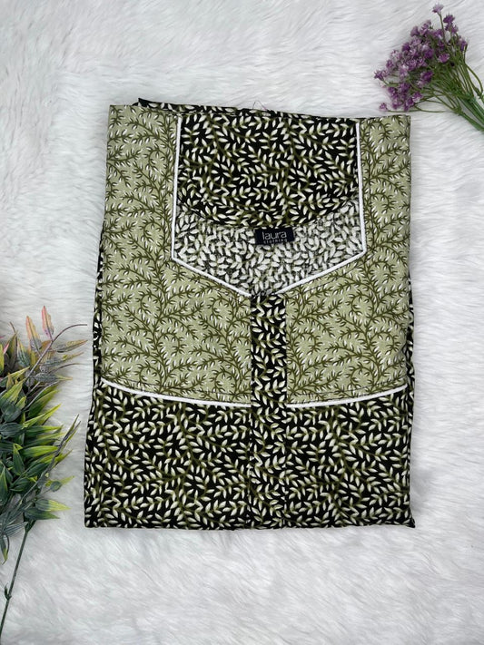 Laurel Green and Onyx Printed Square Neck Pleated Pure Cotton Feeding Nighty With Two Side Vertical Zip and Single Centre Zip Free Size Short Sleeve (Suits for bra size 34″- 40″ | 54-56 inch length)