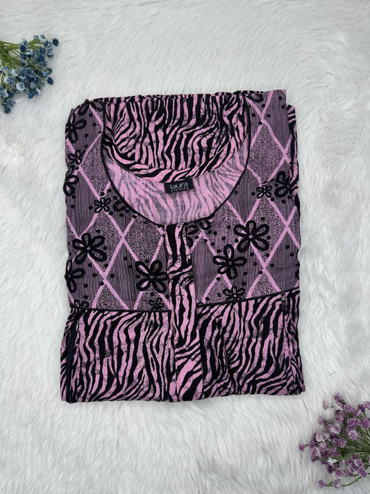 Opera Mauve Printed Round Neck Pleated Pure Cotton Feeding Nighty With Two Side Vertical Zip and Single Centre Zip Free Size Short Sleeve (Suits for bra size 34″- 40″ | 54-56 inch length)