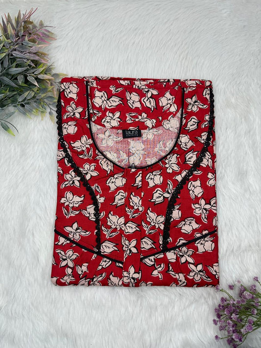 Vivid Auburn Printed Round Neck Centre Long 12" Zip Pure Cotton Feeding Nighty Free Size Short Sleeve (Suits for bra size 34″- 40″ | 54-56 inch length)
