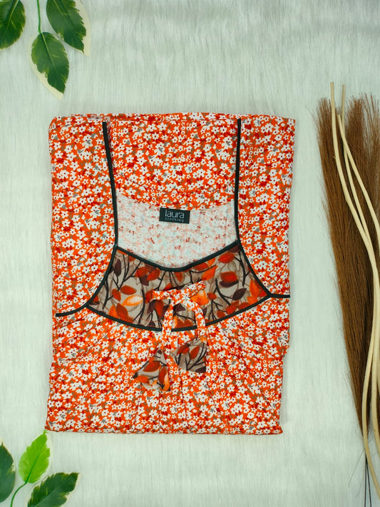 Deep Carrot Orange Floral Printed Square Neck No Zip Pleated Pure Cotton Nighty Free Size Short Sleeve (Suits for bra size 34″- 40″ | 54-56 inch length)