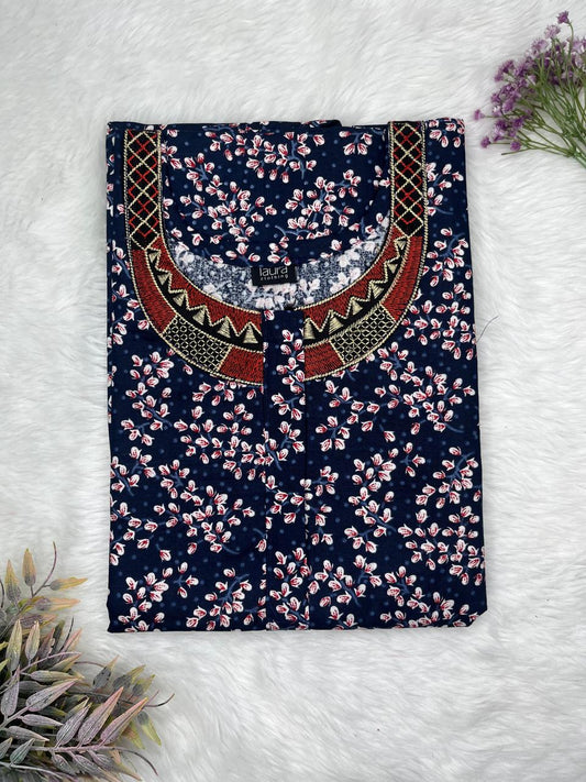 Midnight Blue Printed 8" Long Zip Matching Embroidery Neck Pure Cotton Feeding Nighty Plus Size Short Sleeve (Suits for bra size 40″- 46″ | 54"-56" inch length)