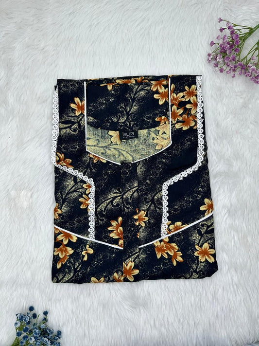 Charcoal Printed Square Neck Centre Long 12" Zip Pure Cotton Feeding Nighty Free Size Short Sleeve (Suits for bra size 34″- 40″ | 54-56 inch length)