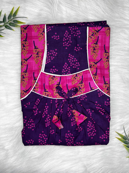 Dark Violet Pattern Printed Front and Back Pleated Pure Cotton Nighty Free Size Short Sleeve (Suits for bra size 34″- 40″ | 54-56 inch length)