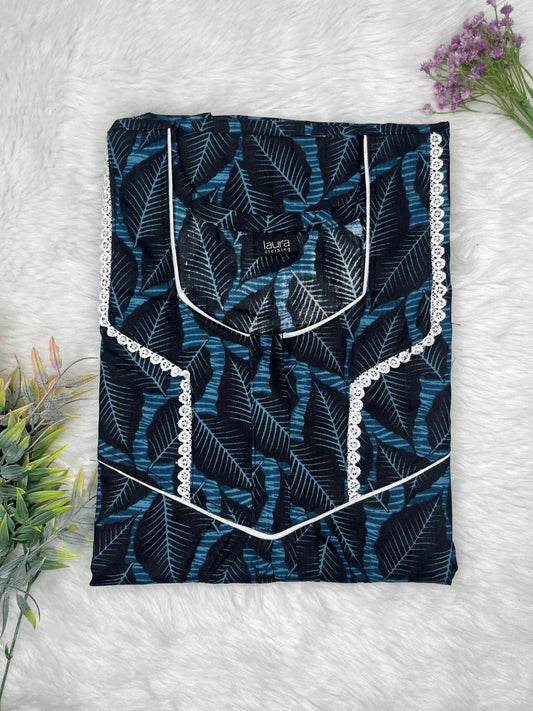 CG Blue Printed Square Neck Normal Zip Pure Cotton Nighty Free Size Short Sleeve (Suits for bra size 34″- 40″ | 54-56 inch length)