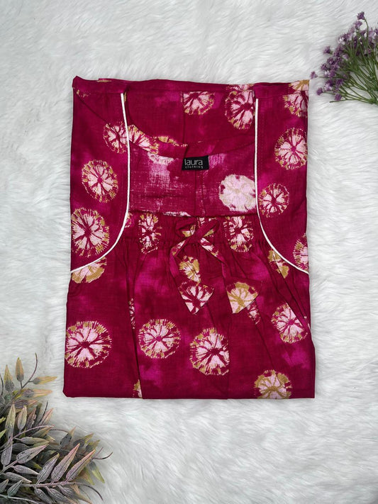 Burgundy Floral Printed Pure Cotton Square Neck Elastic Pleated Nighty Free Size Short Sleeve (Suits for bra size 34″- 40″ | 54-56 inch length)