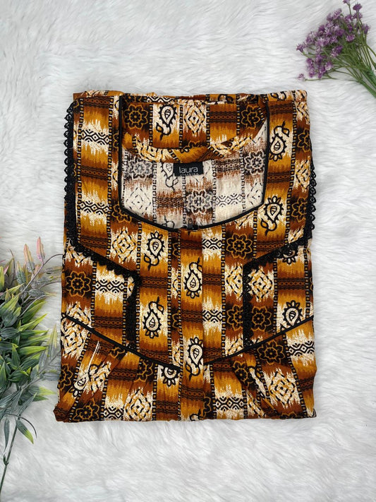 Ochre Printed Mix and Match Square Neck Centre Long 12" Zip Pure Cotton Feeding Nighty Free Size Short Sleeve (Suits for bra size 34″- 40″ | 54-56 inch length)