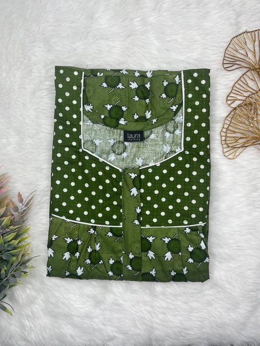 Myrtle and Dark Olive Green Printed Mix N Match Square Neck Pleated Cotton Nighty With Centre -8″ Zip Short Sleeve Free Size (Suits for bra size 34″- 40″ | 54-56 inch length)