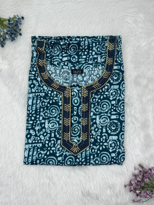 Prussian Blue and Light Blue Printed Normal Zip Pure Cotton Matching Neck Embroidery Nighty Free Size Short Sleeve (Suits for bra size 34″- 40″ | 54-56 inch length)