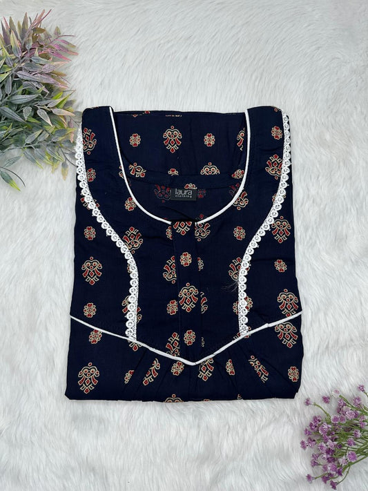 Dark Blue Printed Round Neck Normal Zip Pure Cotton Nighty Free Size Short Sleeve (Suits for bra size 34″- 40″ | 54-56 inch length)