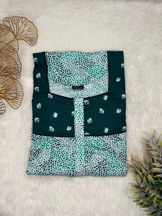 Pastel Blue and Dark Jungle Green Printed Mix N Match Square Neck Pleated Cotton Nighty With Centre -8″ Zip Short Sleeve Free Size (Suits for bra size 34″- 40″ | 54-56 inch length)