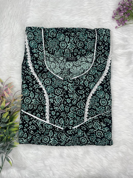 Ash Grey Printed Round Neck Centre Long 12" Zip Pure Cotton Feeding Nighty Free Size Short Sleeve (Suits for bra size 34″- 40″ | 54-56 inch length)
