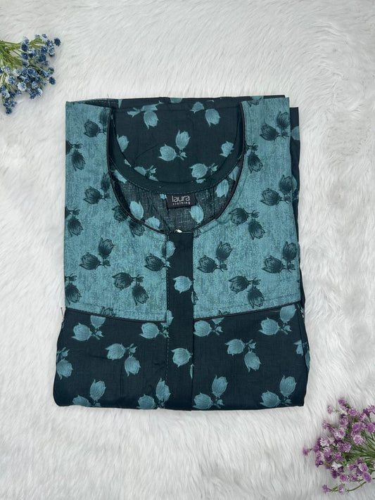Charcoal Printed Round Neck Pleated Pure Cotton Feeding Nighty With Two Side Vertical Zip and Single Centre Zip Free Size Short Sleeve (Suits for bra size 34″- 40″ | 54-56 inch length)