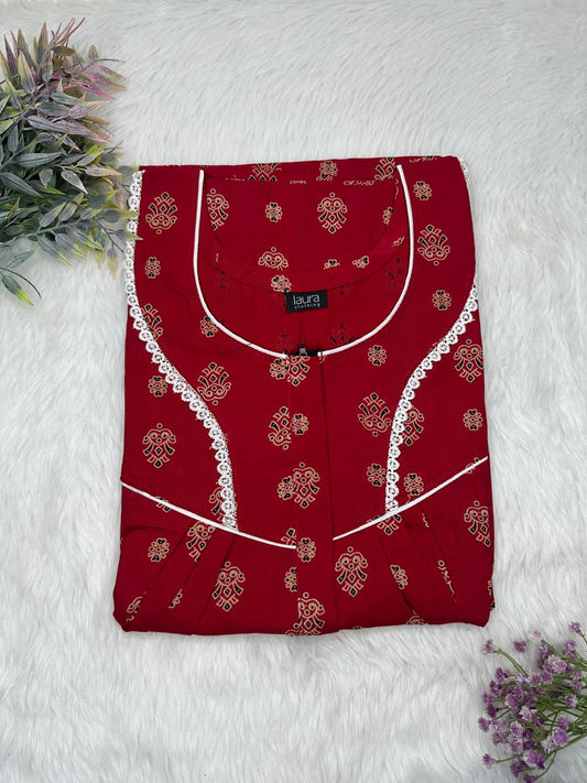 UP Maroon Printed Round Neck Centre Long 12" Zip Pure Cotton Feeding Nighty Free Size Short Sleeve (Suits for bra size 34″- 40″ | 54-56 inch length)