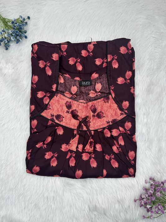 Seal Brown Printed Square Neck No Zip Pleated Pure Cotton Nighty Free Size Short Sleeve (Suits for bra size 34″- 40″ | 54-56 inch length)