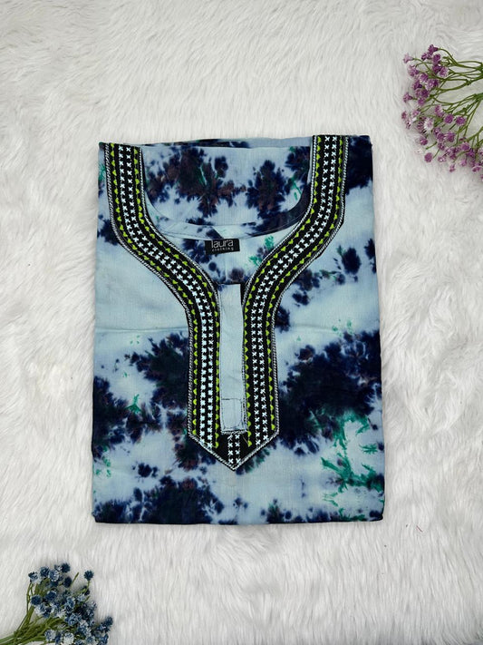 Pastel Blue Normal Zip Embroidery Neck Pure Cotton Nighty Plus Size Short Sleeve (Suits for bra size 40″- 46″ | 54-56 inch length)