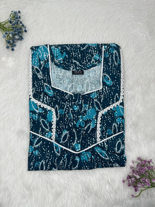 Prussian Blue Printed Square Neck Normal Zip Pure Cotton Nighty Free Size Short Sleeve (Suits for bra size 34″- 40″ | 54-56 inch length)