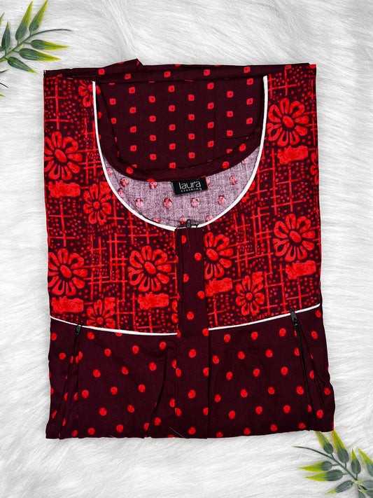 Venetian Red Floral Printed Round Neck Pleated Pure Cotton Feeding Nighty With Two Side Vertical Zip and Single Centre Zip Free Size Short Sleeve (Suits for bra size 34″- 40″ | 54-56 inch length)