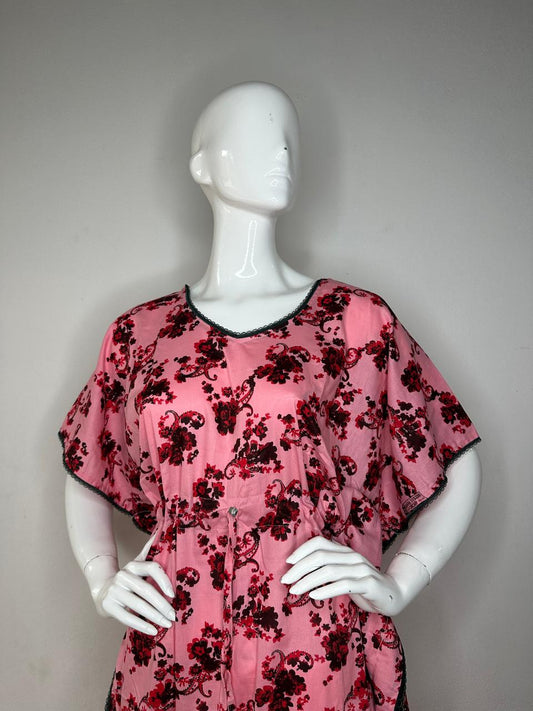 Rudy Pink and Rosewood printed Pure Cotton V-Neck Kaftan With Matching Border Lace And Adjustable Tie Free Size (Suits for bra size 34″- 40″) | 54-56 Inch Length