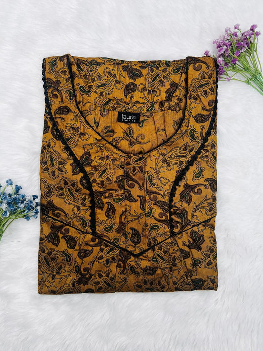 Dark Goldenrod Floral Printed Round Neck Normal Zip Pure Cotton Nighty Free Size Short Sleeve (Suits for bra size 34″- 40″ | 54-56 inch length)