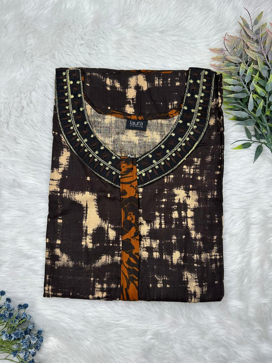 Zinnwaldite Brown Printed 12" Long Zip Matching Embroidery Neck Pure Cotton Feeding Nighty Plus Size Short Sleeve (Suits for bra size 40″- 46″ | 54"-56" inch length)