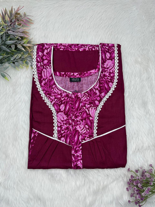 Dark Scarlet Printed Round Neck Centre Long 12" Zip Pure Cotton Feeding Nighty Free Size Short Sleeve (Suits for bra size 34″- 40″ | 54-56 inch length)