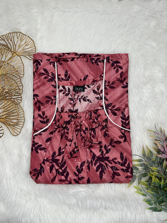 Rose Gold Printed Pure Cotton Square Neck Elastic Pleated Nighty Free Size Short Sleeve (Suits for bra size 34″- 40″ | 54-56 inch length)