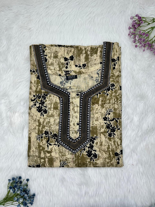 Khaki Normal Zip Embroidery Neck Pure Cotton Nighty Plus Size Short Sleeve (Suits for bra size 40″- 46″ | 54-56 inch length)