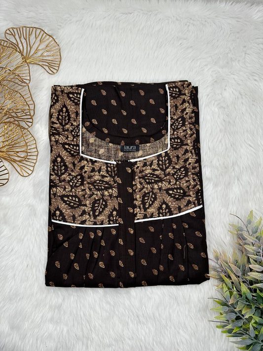 Smoky Black Printed Mix N Match Square Neck Pleated Cotton Nighty With Centre -8″ Zip Short Sleeve Free Size (Suits for bra size 34″- 40″ | 54-56 inch length
