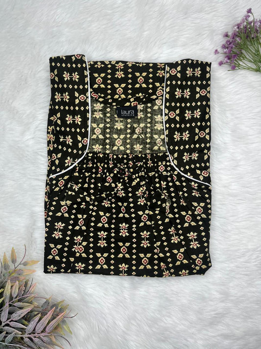 Onyx Floral Printed Pure Cotton Square Neck Elastic Pleated Nighty Free Size Short Sleeve (Suits for bra size 34″- 40″ | 54-56 inch length)