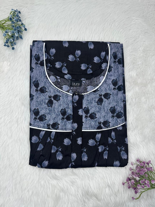 Munsell and Dark Blue Printed Mix N Match Round Neck Pleated Cotton Nighty With Centre -8″ Zip Short Sleeve Free Size (Suits for bra size 34″- 40″ | 54-56 inch length )