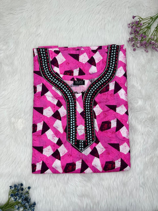 Medium Red Violet Normal Zip Embroidery Neck Pure Cotton Nighty Plus Size Short Sleeve (Suits for bra size 40″- 46″ | 54-56 inch length)