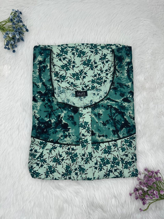 Cambridge Blue and Hooker Green Printed Mix N Match Round Neck Pleated Cotton Nighty With Centre -8″ Zip Short Sleeve Free Size (Suits for bra size 34″- 40″ | 54-56 inch length )