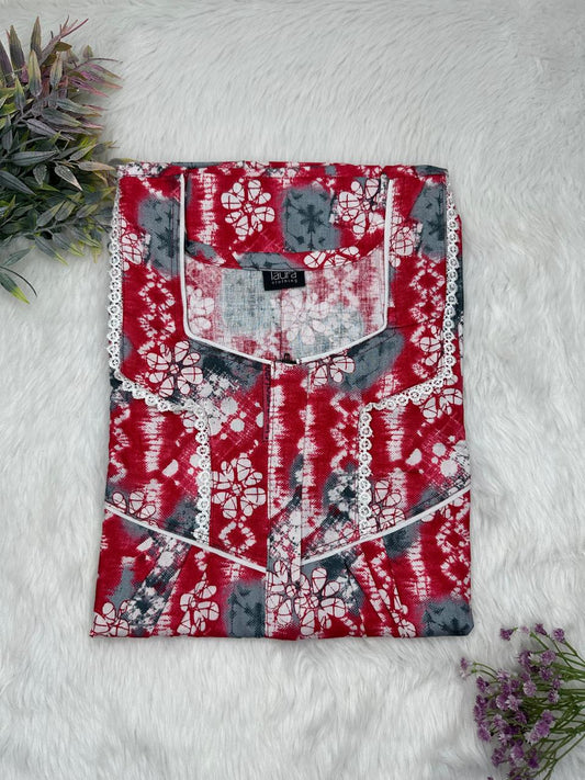 UP Maroon Printed Square Neck Centre Long 12" Zip Pure Cotton Feeding Nighty Free Size Short Sleeve (Suits for bra size 34″- 40″ | 54-56 inch length)