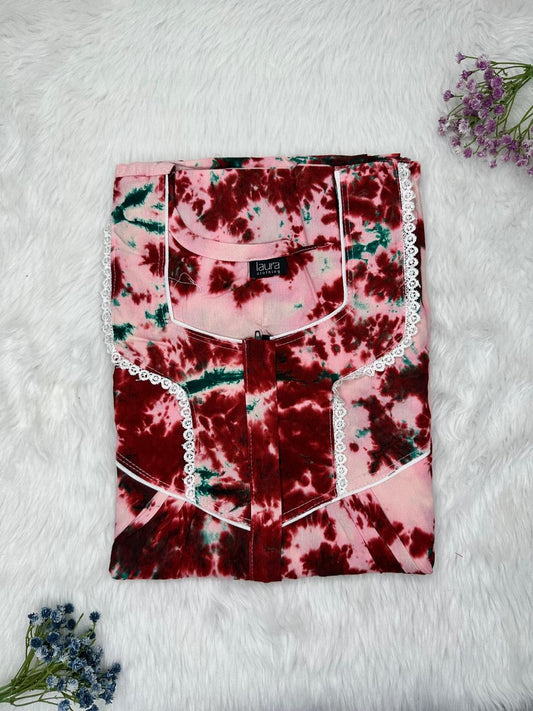 Bulgarian Rose and Baby Pink Printed Square Neck Centre Long 12" Zip Pure Cotton Feeding Nighty Free Size Short Sleeve (Suits for bra size 34″- 40″ | 54-56 inch length)