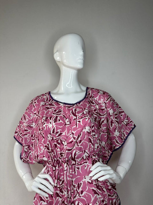Raspberry Rose and Onyx printed Pure Cotton V-Neck Kaftan With Matching Border Lace And Adjustable Tie Free Size (Suits for bra size 34″- 40″) | 54-56 Inch Length