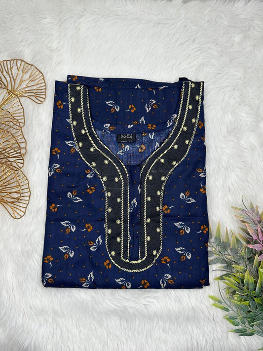 Oxford Blue Printed Normal Zip Pure Cotton Matching Neck Embroidery Feeding Nighty Free Size Short Sleeve (Suits for bra size 34″- 40″ | 54-56 inch length)