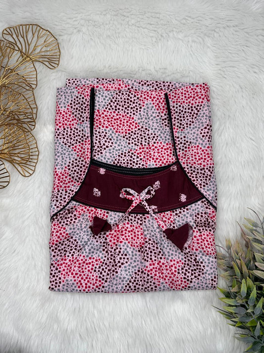 Seal Brown Printed Front and Pastel Purple Pleated Pure Cotton Nighty Free Size Short Sleeve (Suits for bra size 34″- 40″ | 54-56 inch length)