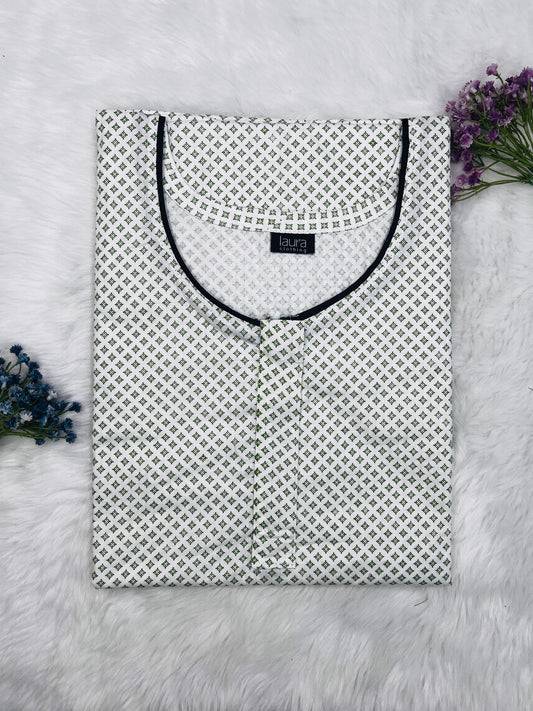 White Dot Printed Round Neck Normal Zip Pure Cotton Nighty Free Size Full Sleeve (Suits for bra size 34″- 40″ | 54-56 inch length)