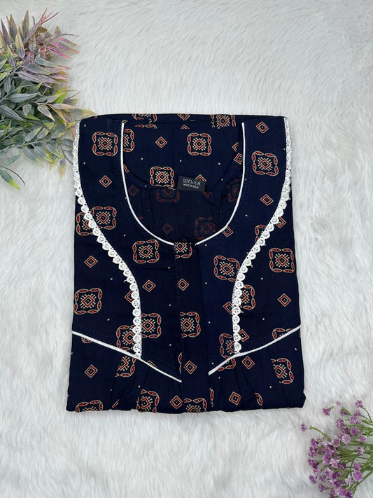 Wine and Dark Blue Printed Round Neck Centre Long 12" Zip Pure Cotton Feeding Nighty Free Size Short Sleeve (Suits for bra size 34″- 40″ | 54-56 inch length)