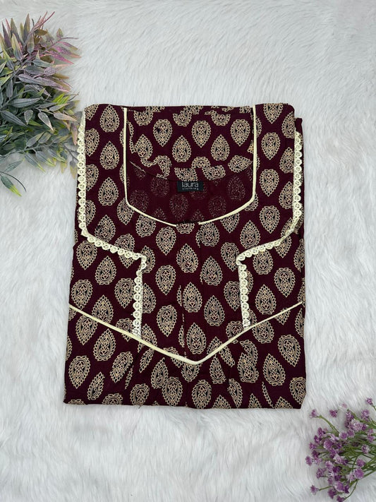 Seal Brown Printed Square Neck Normal Zip Pure Cotton Nighty Free Size Short Sleeve (Suits for bra size 34″- 40″ | 54-56 inch length)