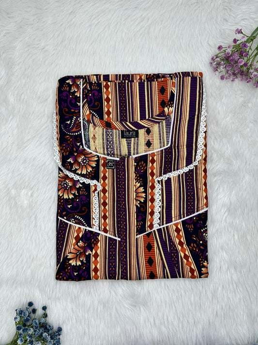 Seal Brown and Pale Gold Printed Square Neck Centre Long 12" Zip Pure Cotton Feeding Nighty Free Size Short Sleeve (Suits for bra size 34″- 40″ | 54-56 inch length)