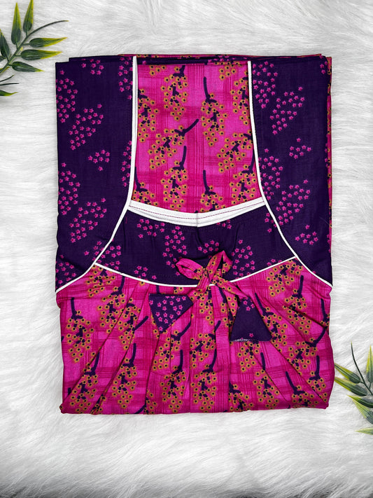 Vivid Cerise Pattern Printed Front and Back Pleated Pure Cotton Nighty Free Size Short Sleeve (Suits for bra size 34″- 40″ | 54-56 inch length)