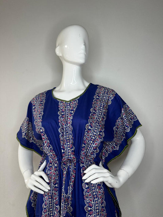 Oxford Blue and Grullo printed Pure Cotton V-Neck Kaftan With Matching Border Lace And Adjustable Tie Free Size (Suits for bra size 34″- 40″) | 54-56 Inch Length