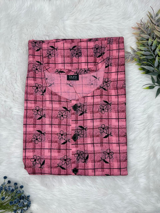Ruddy Pink Printed Round Neck Pure Cotton Full Open Button Labour Room Nighty Free Size Short Sleeve (Suits for bra size 34″- 40″ | 54-56 inch length)