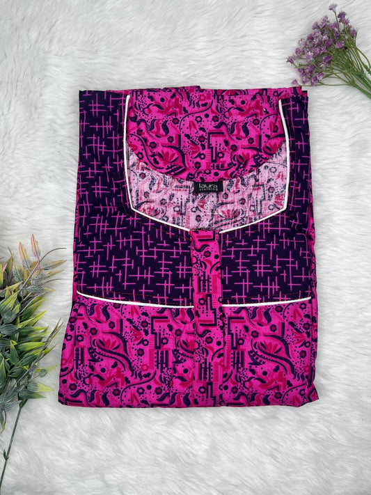 Oxford Blue and Rich Maroon Printed Square Neck Pleated Pure Cotton Feeding Nighty With Two Side Vertical Zip and Single Centre Zip Free Size Short Sleeve (Suits for bra size 34″- 40″ | 54-56 inch length)
